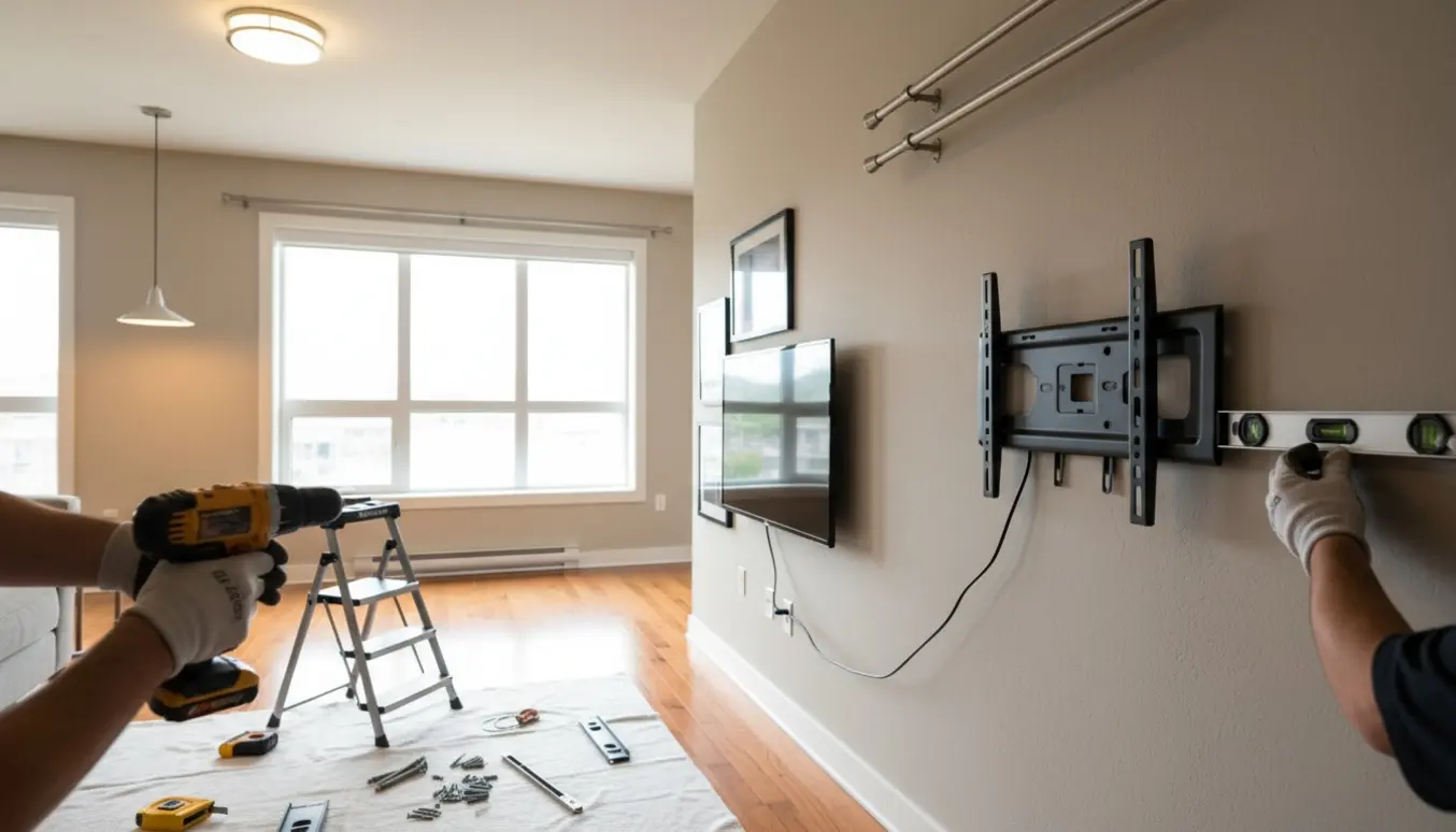 Montage af gardinstænger, vægmonteret TV, to loftslamper (én plafond) og tre ophængte billeder i et lyst, ryddeligt opholdsrum.