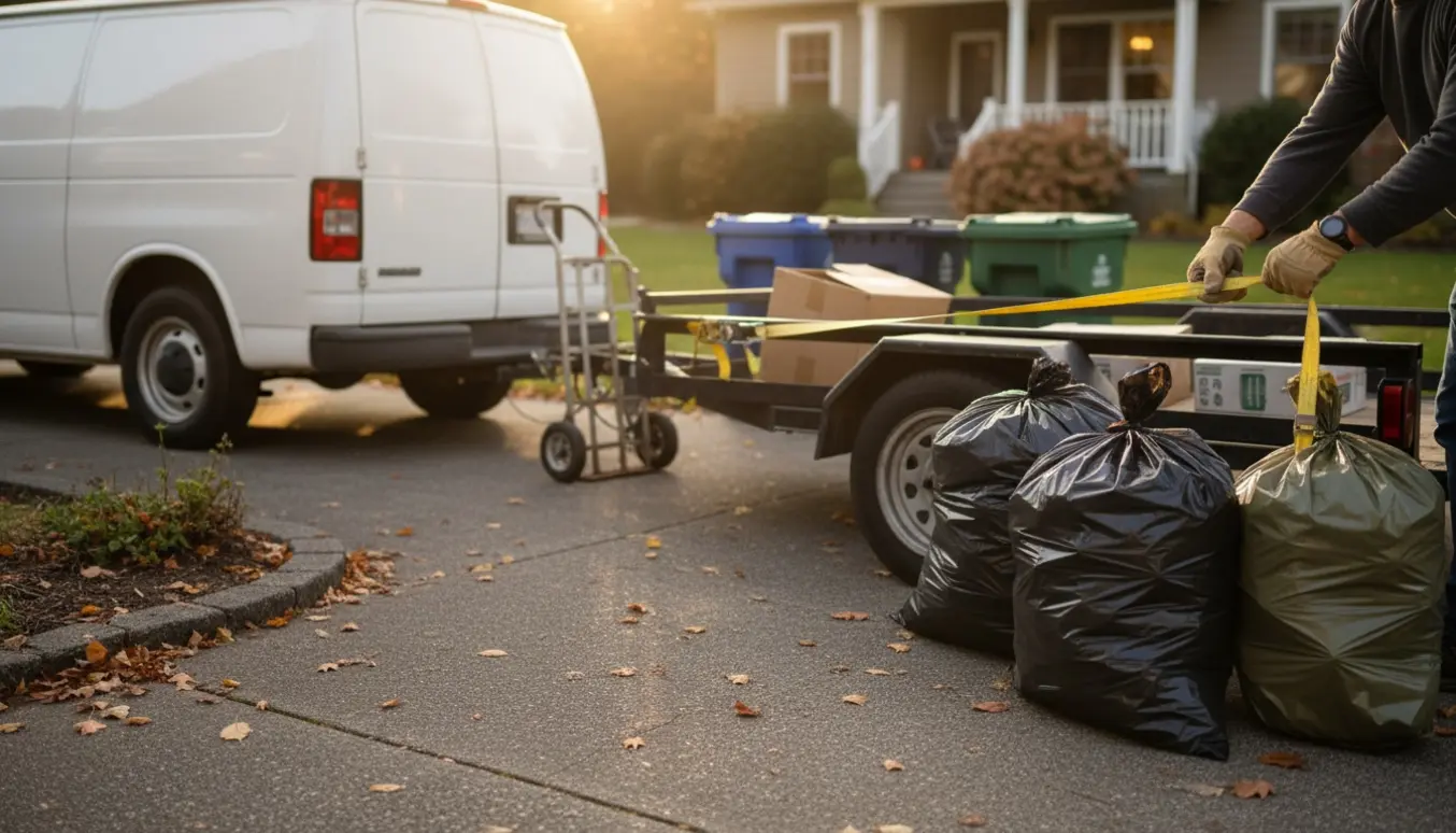 En lille trailer ved en indkørsel med to-tre sække affald klar til afhentning.