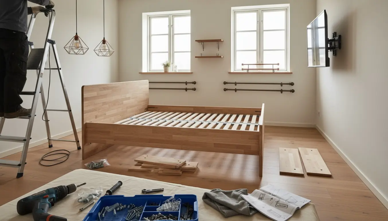 Værelse under montage med delvis samlet 160x200 seng, vægmonteret TV på beslag, stige og værktøj.