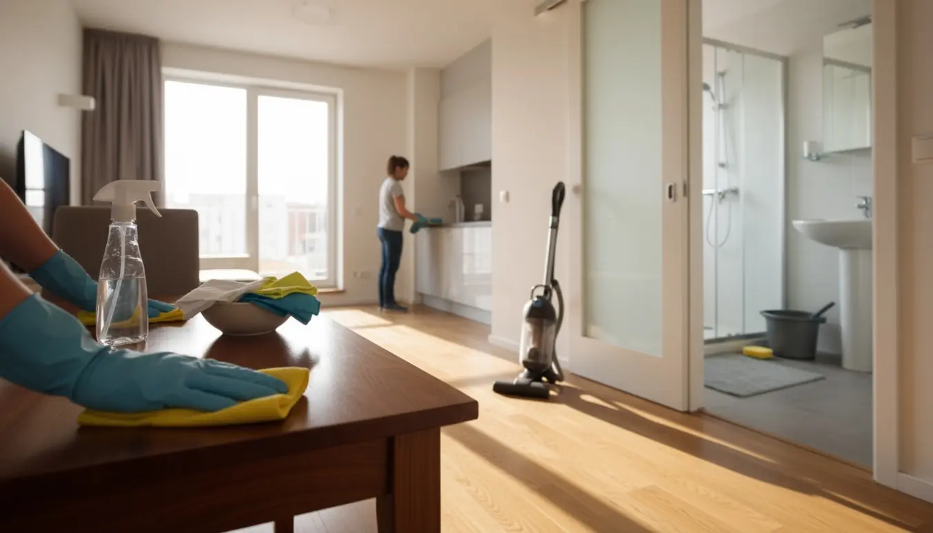 Nærbillede af rengøring i en kompakt lejlighed med hænder, der tørrer et bord, en støvsuger på trægulvet og et rent badeværelse i baggrunden.