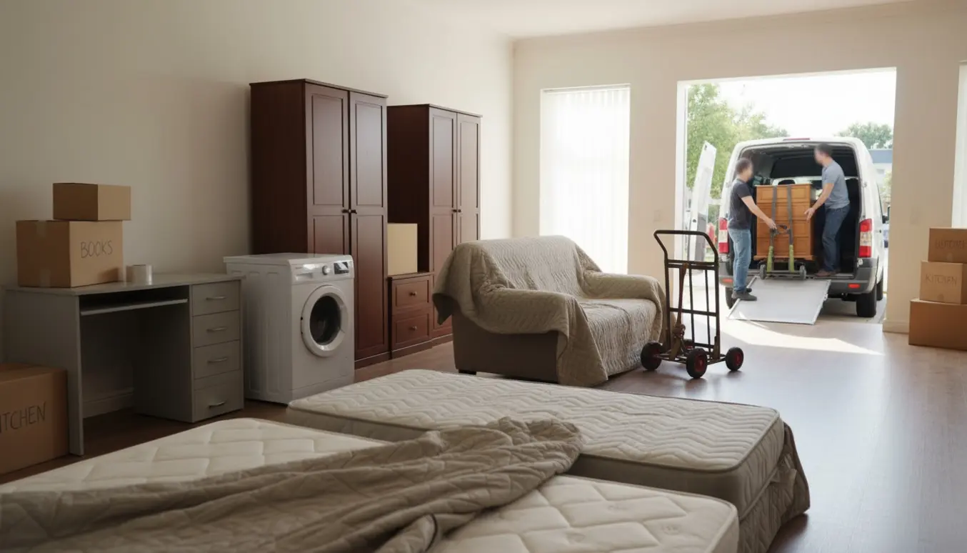 Flyttefolk læsser møbler og flyttekasser gennem en åben stueetagedør til en flyttevogn.