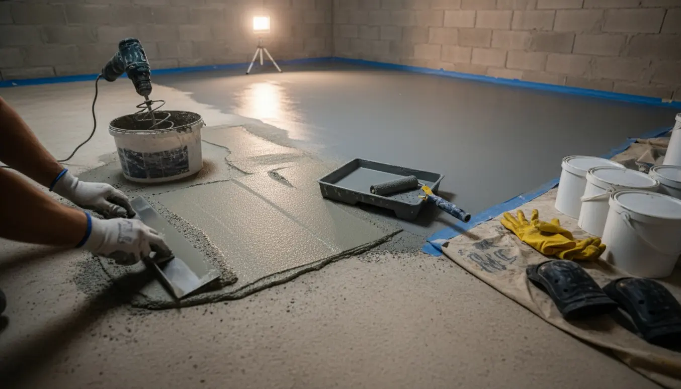 Kældergulv i beton delvist spartlet og nymalet med slidstærk maling, værktøj i forgrunden.