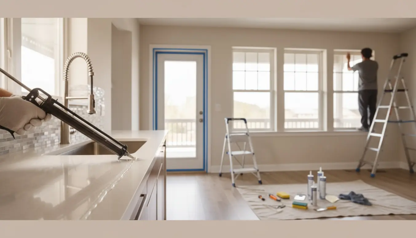 Nærbillede af en fugepistol, der fuger en køkkenbordplade, med terrassedør og flere vinduer forberedt til fugearbejde i baggrunden.