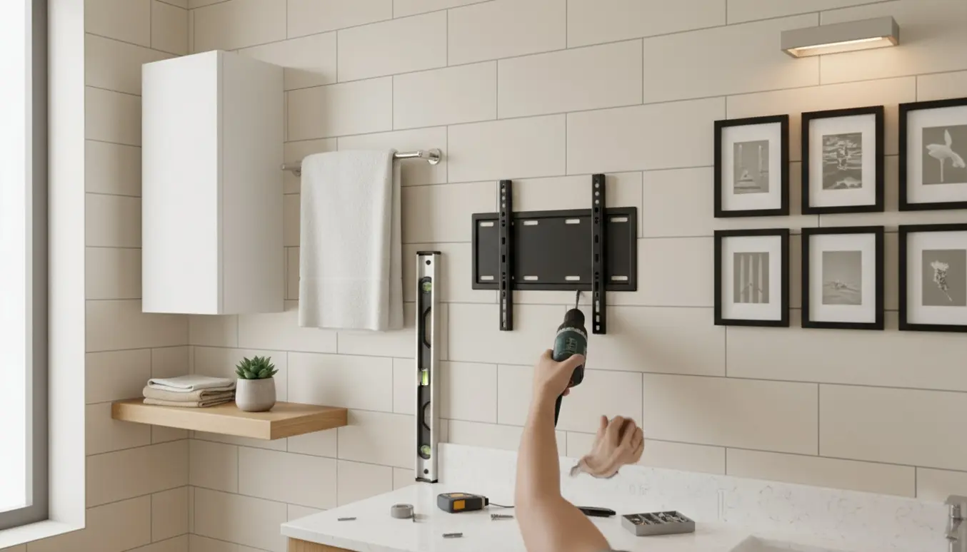 Hænder monterer vægbeslag til TV i et moderne badeværelse med håndklædestang, lille skab, hylde, billeder og væglampe.