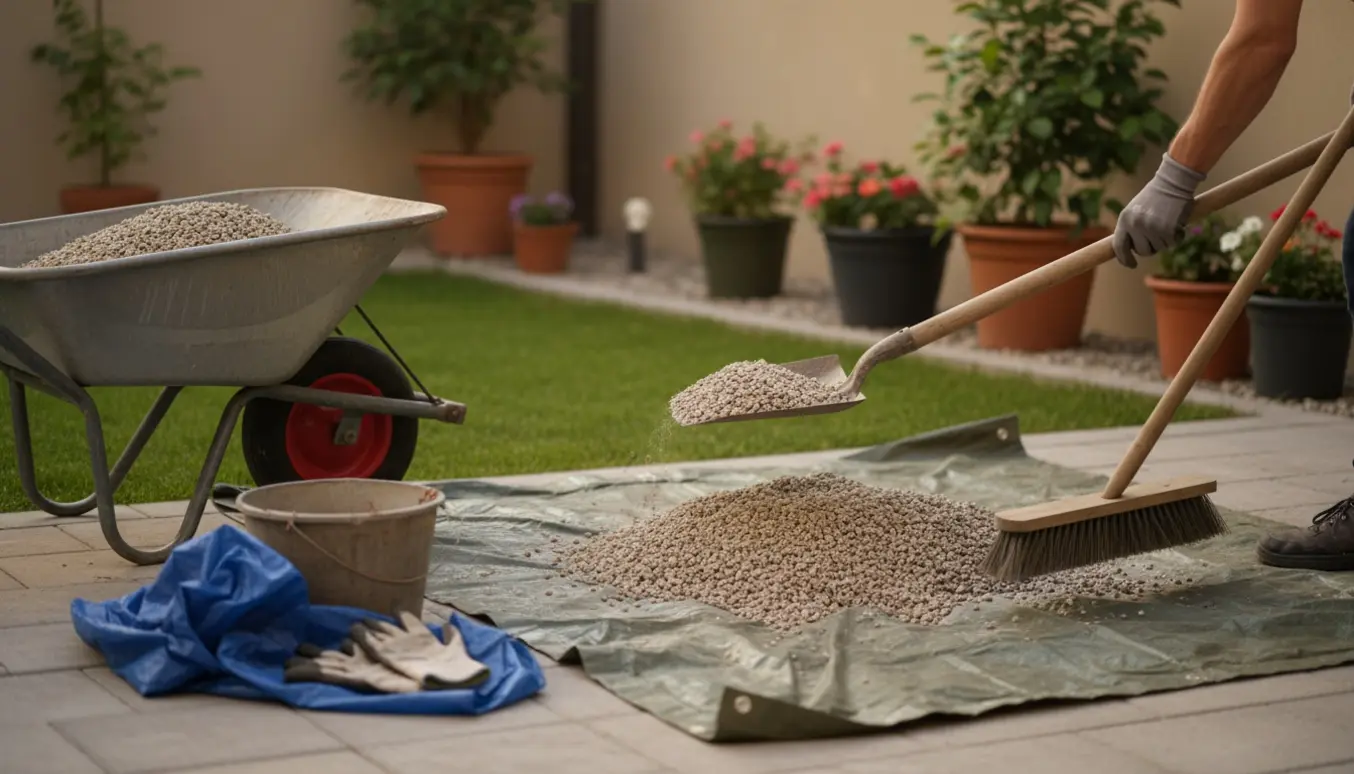 Nærfoto af en person, der fejer og skovler grus fra et lille område ind i en trillebør.