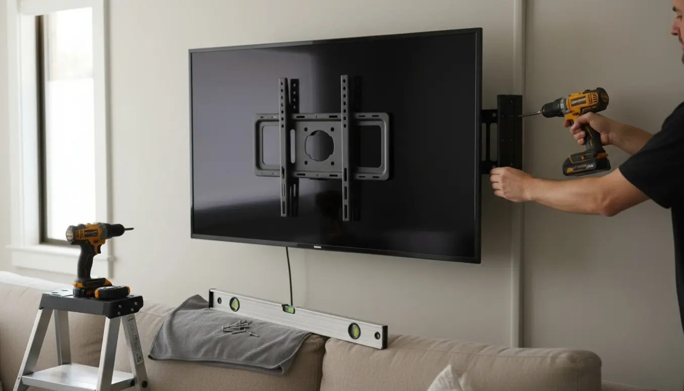 Hænder monterer et stort 65-tommer fladskærms-tv på en væg i en moderne stue med værktøj og ingen synlige kabler.