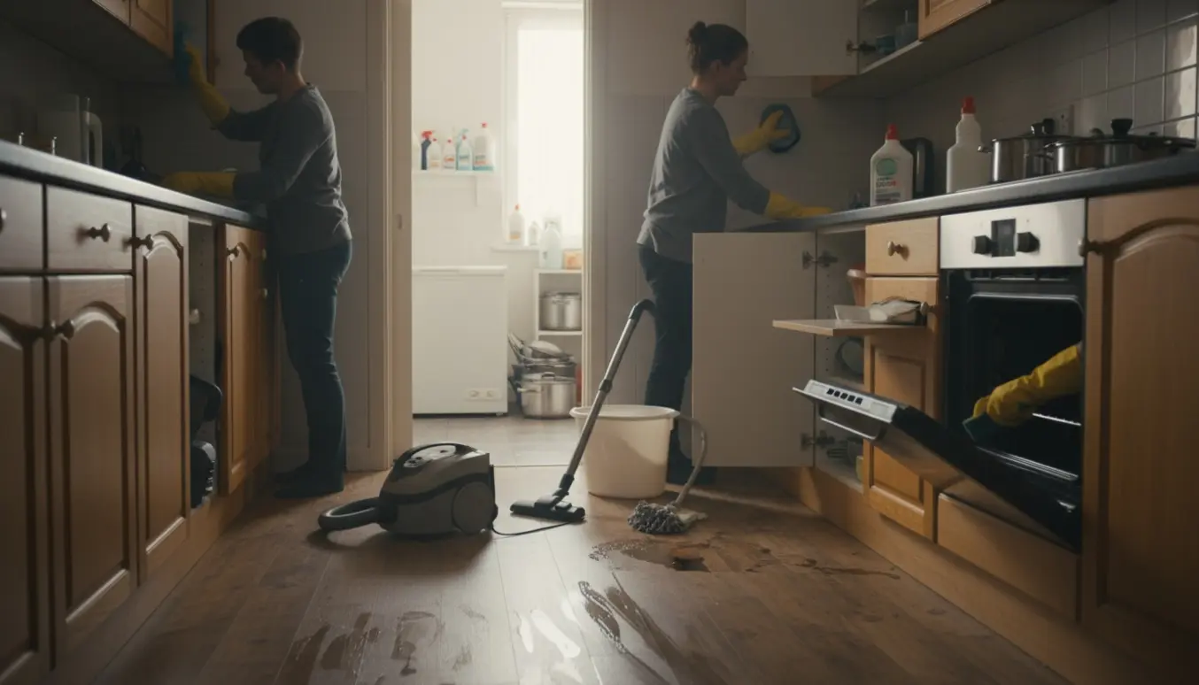 Udflytterrengøring i rækkehus med åbne skabe, ovn, støvsuger og fjernelse af olie ved en fryser.