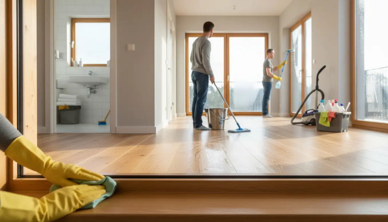 Åben bolig under rengøring med gulvvask, vinduespudsning og et skinnende badeværelse synligt.