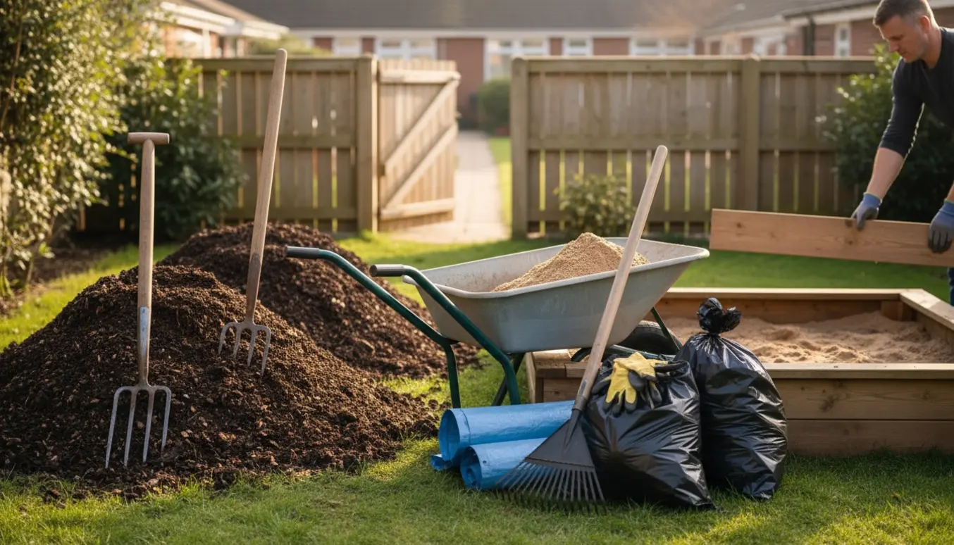Åben havelåge med to kompostbunker, en sandkasse under afmontering og haveredskaber ved en trillebør.