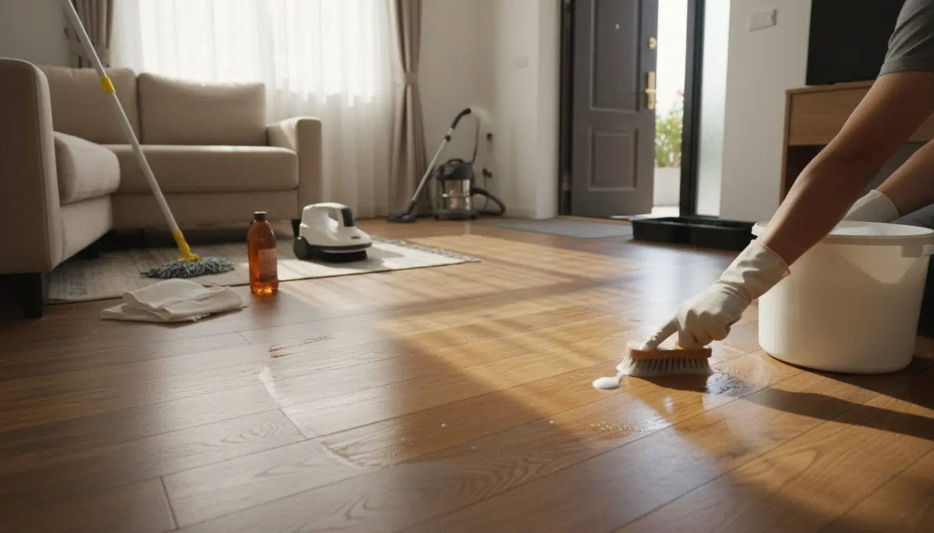 Hænder i handsker skrubber et slidt trægulv i en solbelyst stue og entre med rengøringsredskaber omkring.