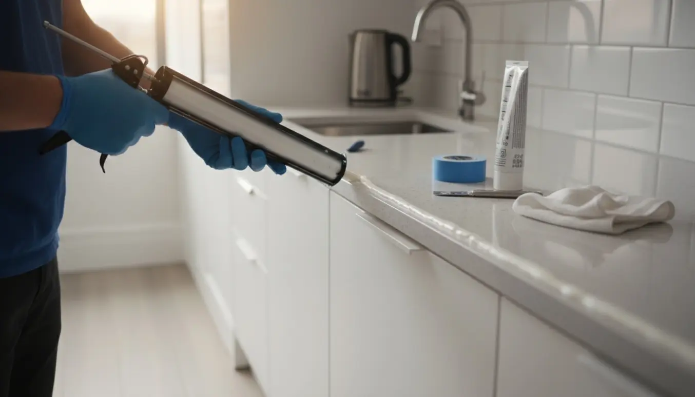 Nærbillede af hænder med fugepistol, der fuge langs køkkenbord og lister i et kontormiljø.