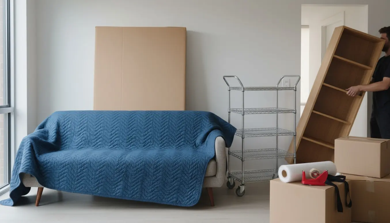 Stue midt i en flytning med boksmadras, stålreol, sofa, reol og fire flyttekasser.