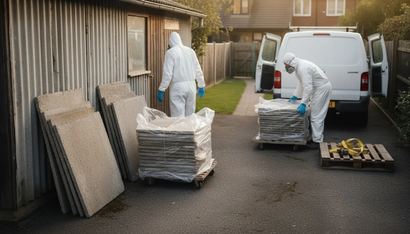 Gammelt brændeskur af eternit med stakke af eternitplader, nogle indpakket i plastik, klar til afhentning på en indkørsel.
