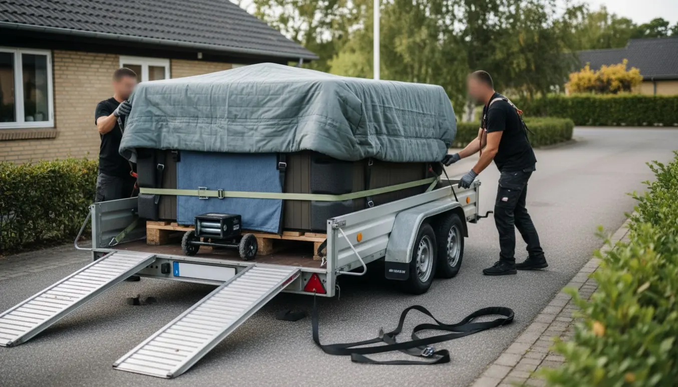 Et 2x2 m udendørs spa pakket i flyttetæpper og spændt fast i en trailer mens hjælpere løfter det uden at vise ansigter.