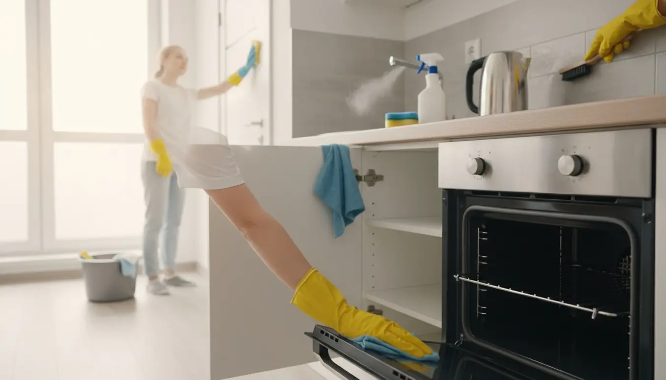 Hænder i gummihandsker rengør ovn, fuger og skabe i en lys 60 m² lejlighed.