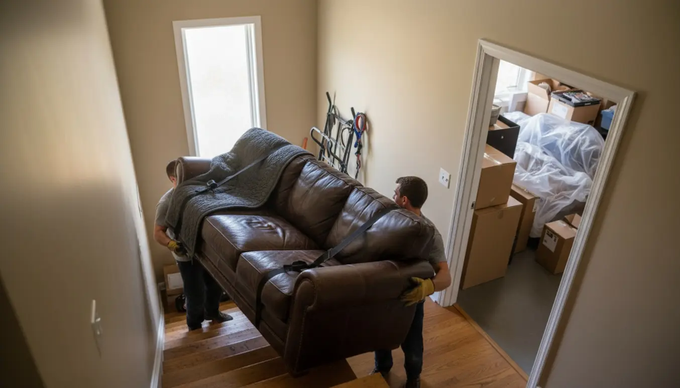 To flyttemænd bærer en 3-personers lædersofa gennem en smal trappegang mod et åbent opbevaringsrum på 2. sal.