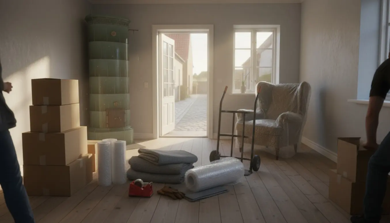 Indvendigt foto af et lille byhus i Rønne under rydning med flyttekasser og møbler ved døren.