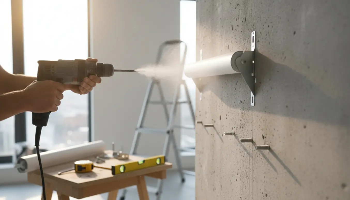 Nærbillede af montering af rullegardin på en betonvæg med boremaskine, beslag og værktøj.