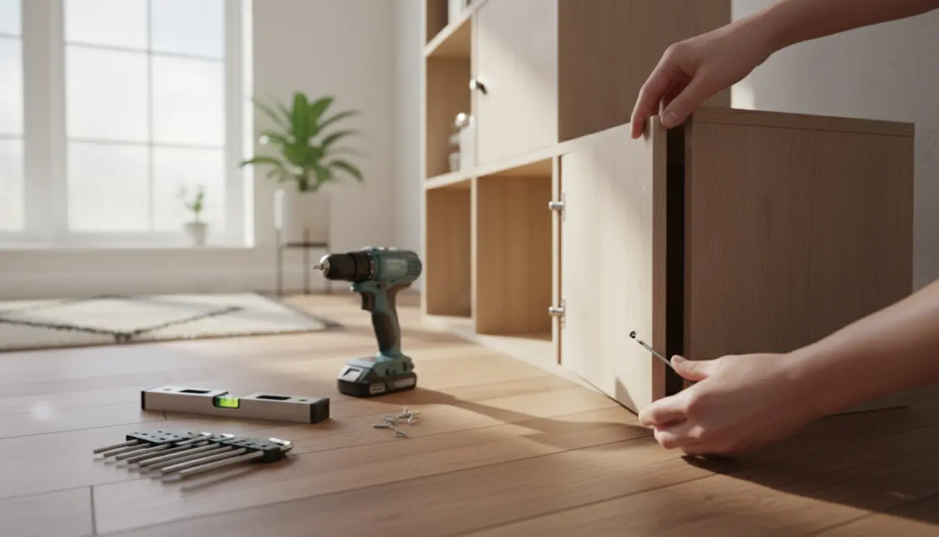 Nærbillede af en hængende låge på en Kube-reol, hvor en hånd bruger en skruetrækker til at spænde en løs skrue.