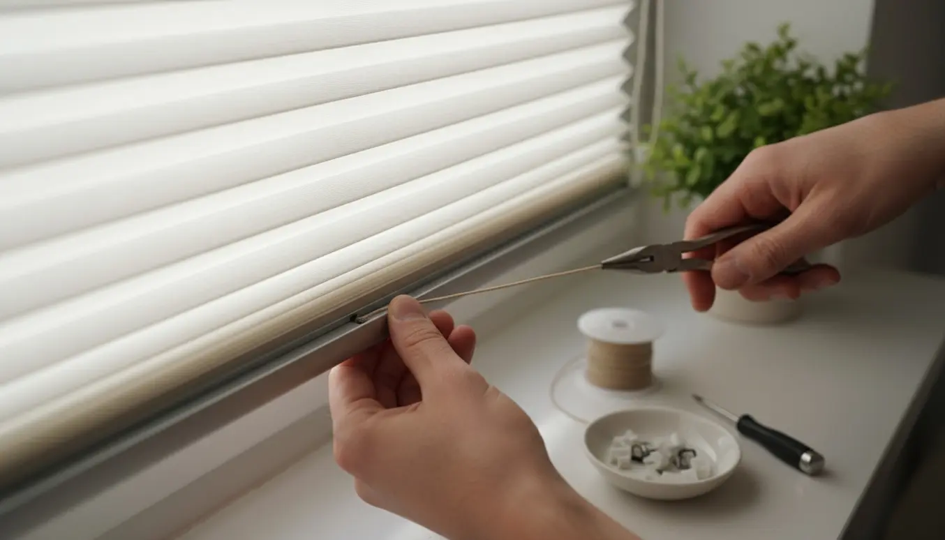 Hænder trækker en ny snor gennem bundskinnen på et plisségardin i naturligt lys.