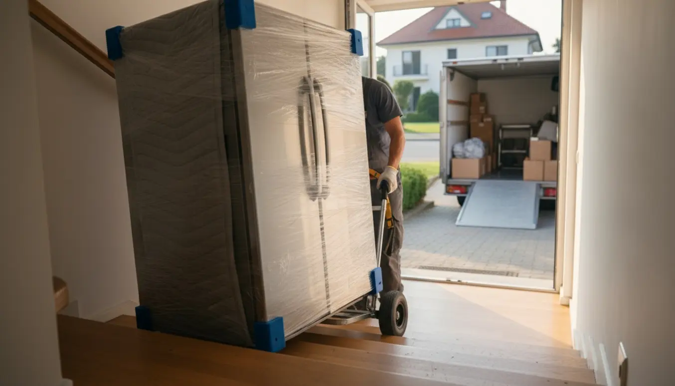 Flyttefolk bærer et køle-fryseskab ned ad trappen mod en varevogn ved en villa.