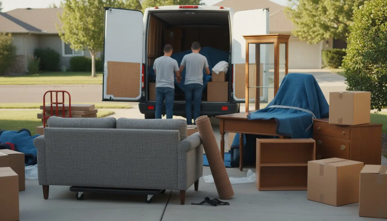 Flytning af sofa, vitrineskab, kommode, reol og omkring syv flyttekasser i indkørslen.