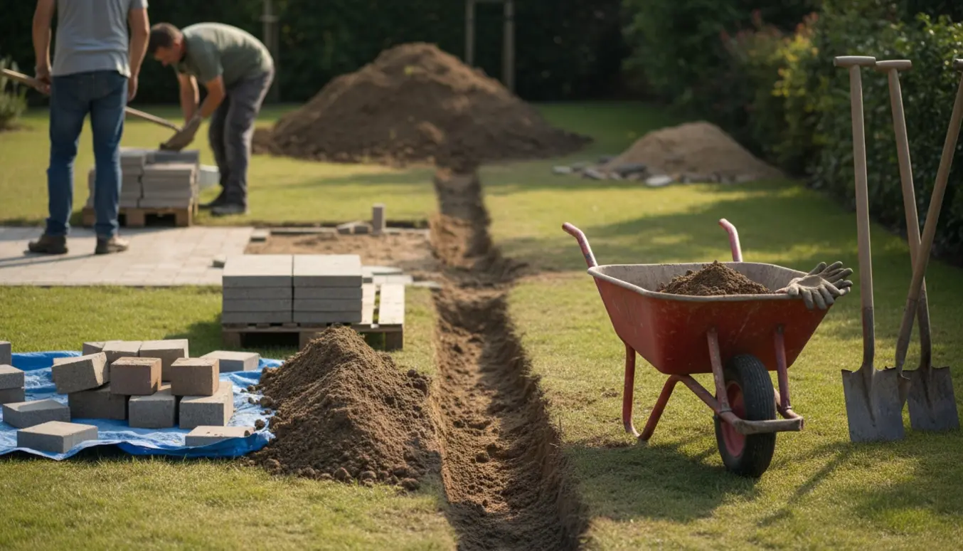 Udgravet havebed med trillebør, skovle og stakke af fliser klar til flytning, ansigter er ikke synlige.