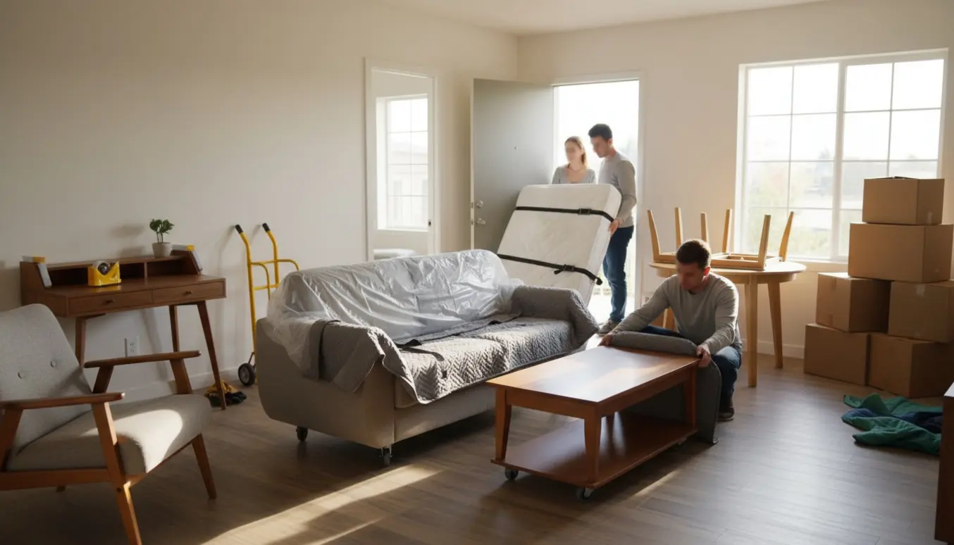 Flyttefolk og beboer bærer indpakkede møbler og stabler af flyttekasser i en lys lejlighed.