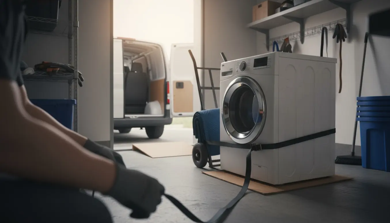 Brugt, funktionsdygtig vaskemaskine på sækkevogn i affaldsrum klar til bortkørsel.