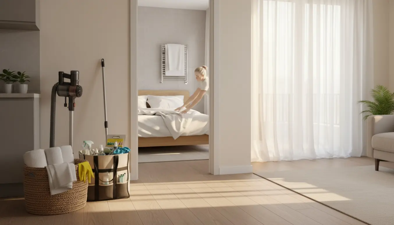 Lyse, ryddelige Airbnb-rum med friskvasket sengetøj, håndklæder og rengøringsudstyr mellem to udlejninger.