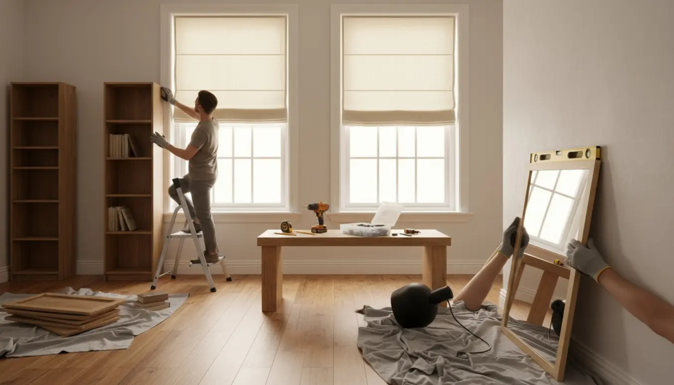 Hænder opsætter rullegardiner og hænger et spejl i et lyst værelse med nedtagne bogkasser og en udskiftet lampe.