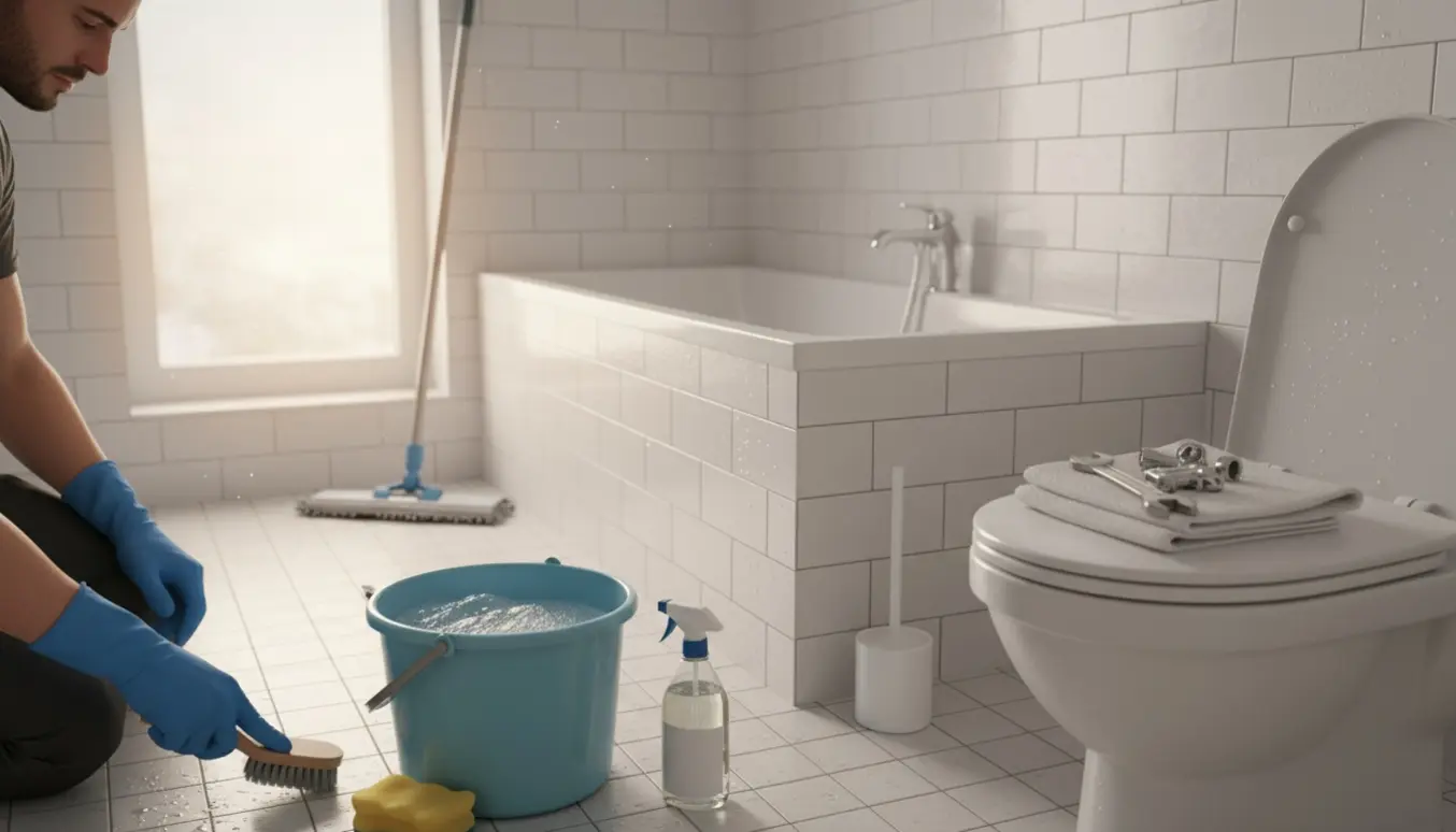 Et lille badeværelse bliver grundigt rengjort og afkalket med børste, klude og rengøringsmidler.