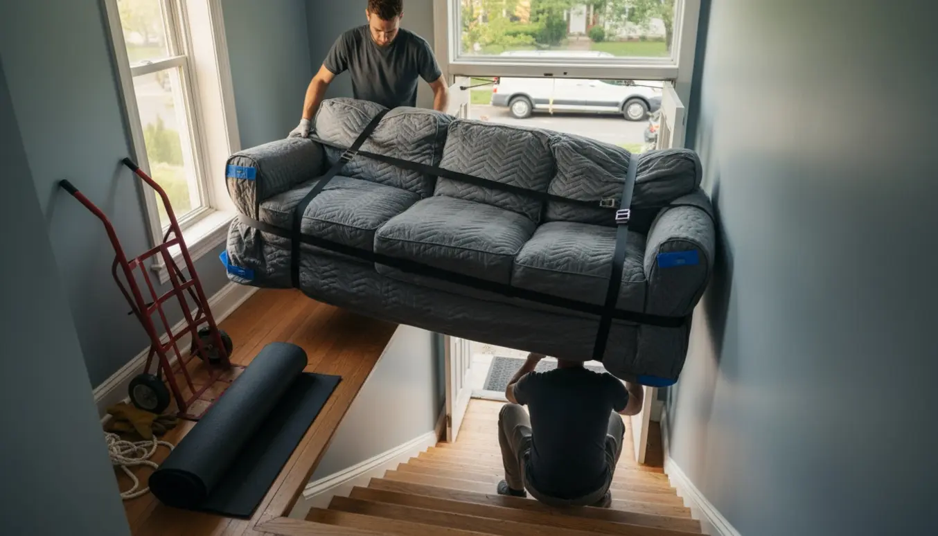 To personer bærer en 3-personers sofa ned ad en trappe mod en åben flyttevogn på gaden.