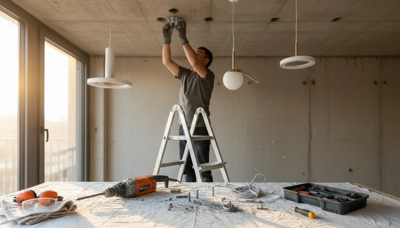 En person på stige monterer en loftslampe i et betonloft med en slagboremaskine og værktøj.