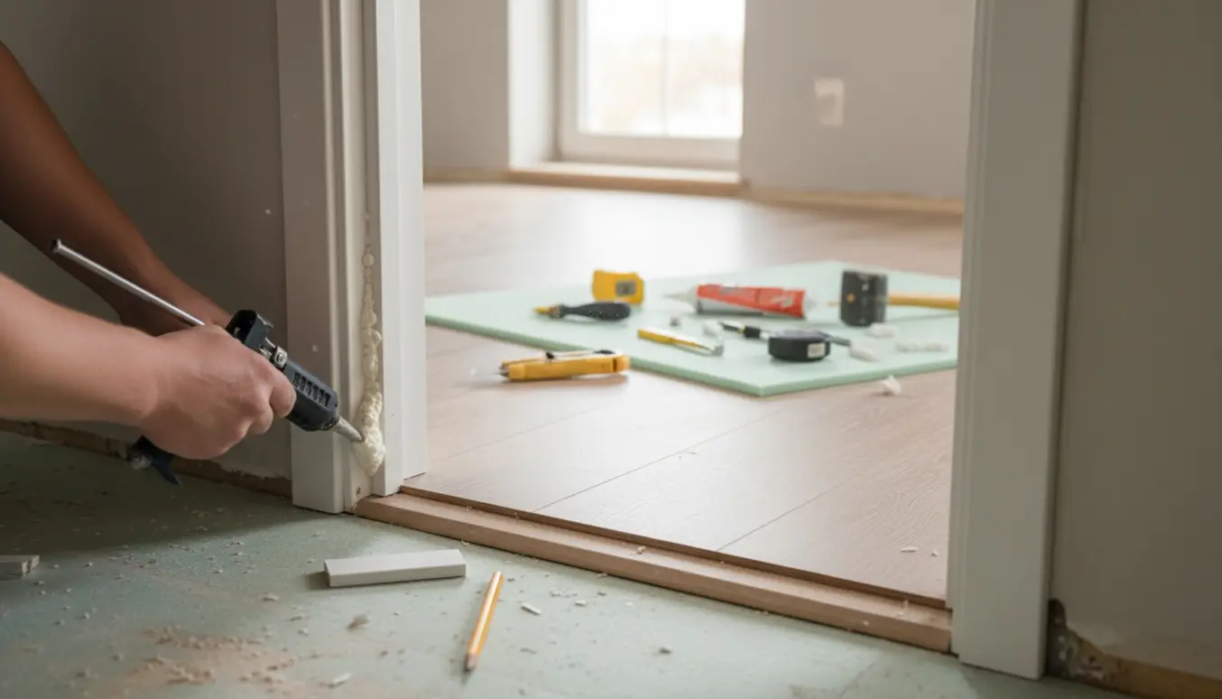 Nærbillede af installation af dørkarm og delvist lagt vinylgulv i en lys gang med MDF, skumunderlag og værktøj.