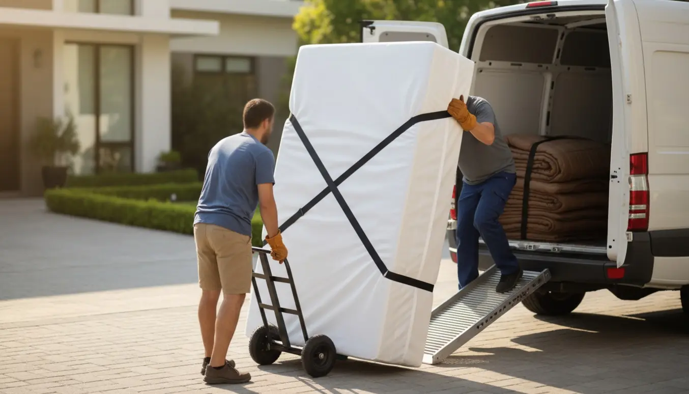 To personer læsser en boxmadras ind i en varevogn på en solrig indkørsel.
