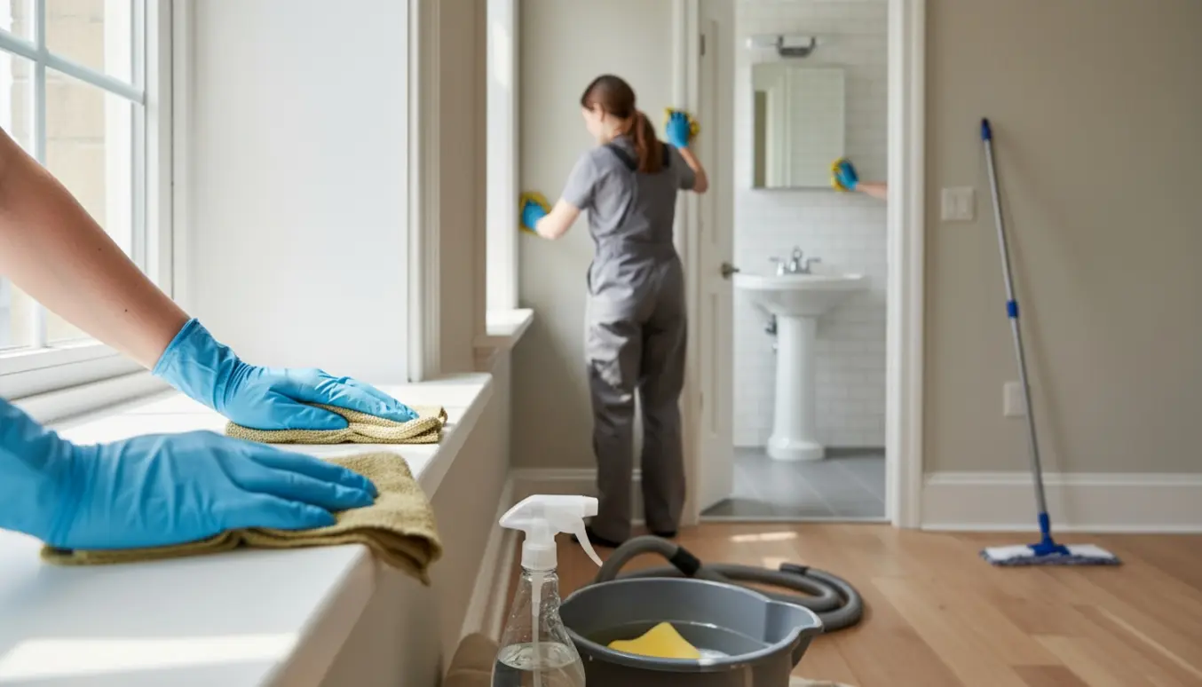 Hænder tørrer vindueskarm og fodpaneler i en lys lejlighed under flytterengøring.