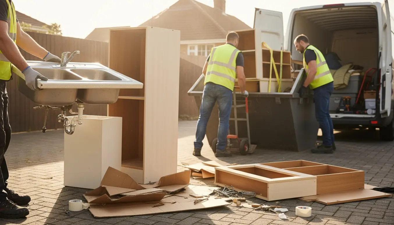 Affald fra nedrivning af køkken læsses i en åben container ved indkørsel.
