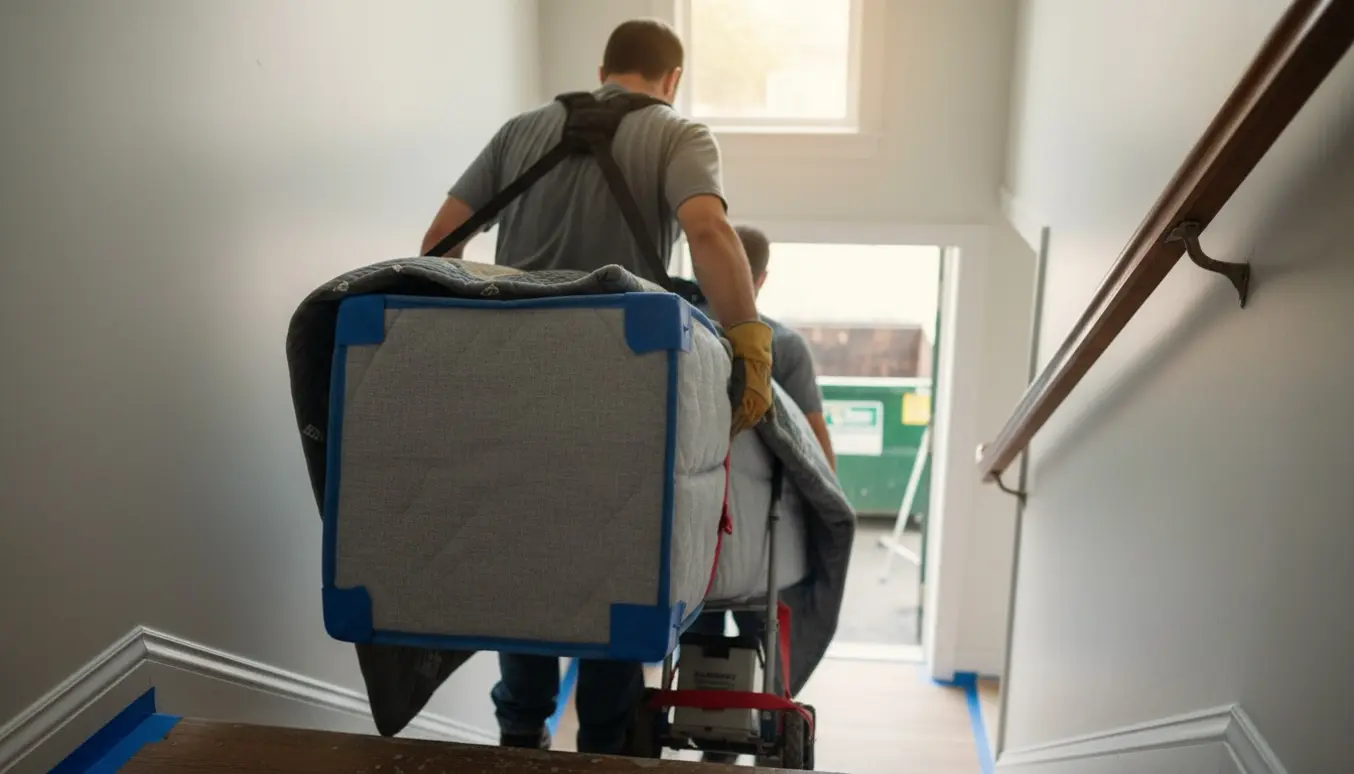 To personer bærer en boxmadras forsigtigt ned ad en nyligt malet trappe mod en åben container.