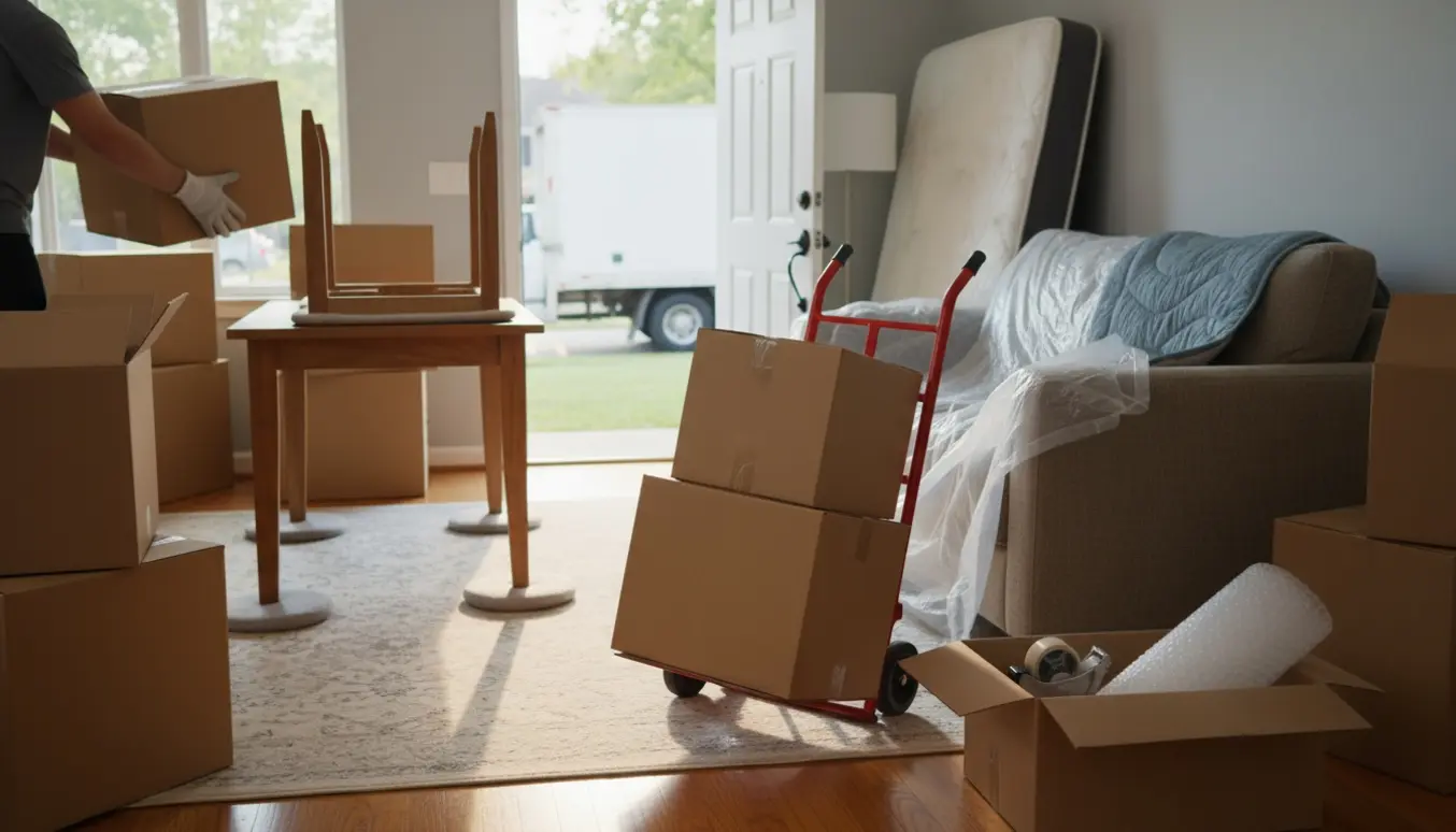 Stue under flytning med stabler af flyttekasser, beskyttede møbler og en tralle ved en åben dør.