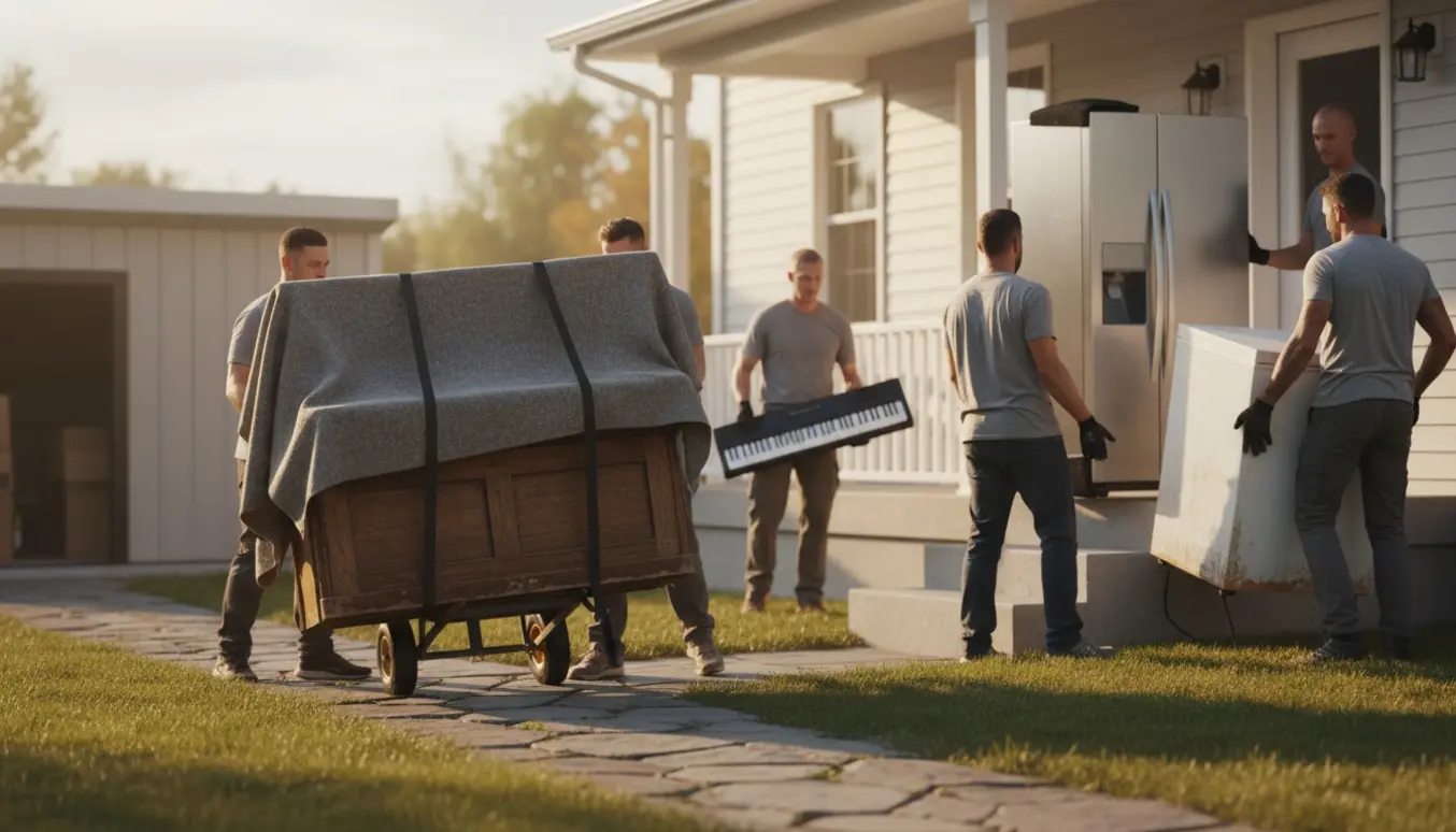 Flyttescene med et gammelt klaver på tæpper og et nyt kølefryseskab båret op ad husets trapper, ansigter skjult.
