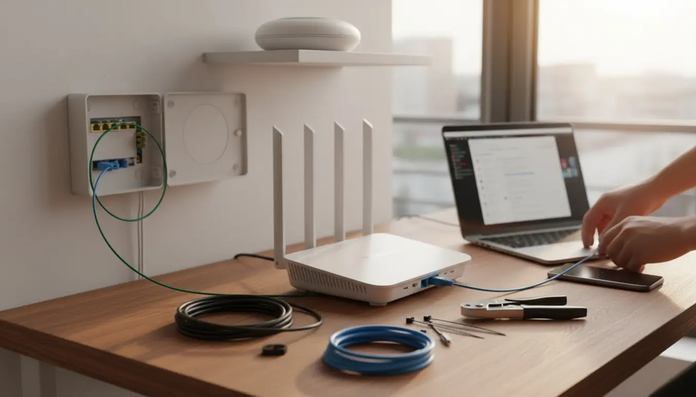 Hænder tilslutter Ethernet-kabel til en router under opsætning af hjemmenetværk.