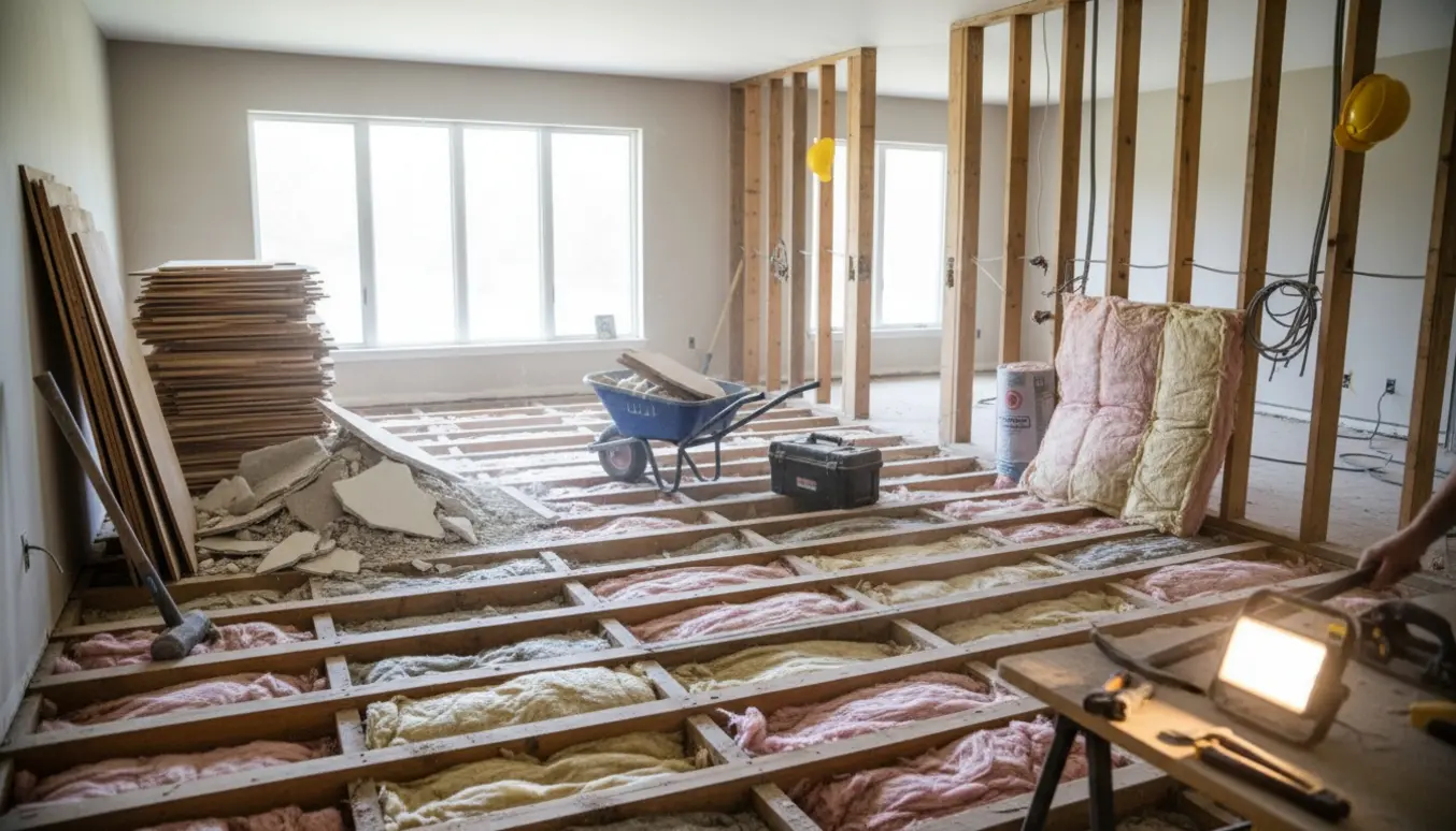 Interiør af hus under nedrivning med fjernet gulv, blottede strøer, isolering og delvist revne vægge, værktøj og materialer stablet pænt.