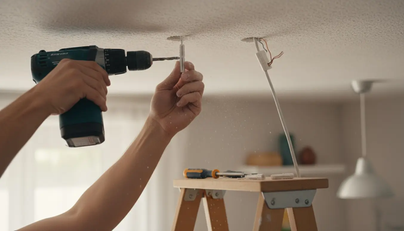 Nærbillede af hænder på en trappestige, der monterer rawlplug og skruekrog i loftet for at hænge en lampe.