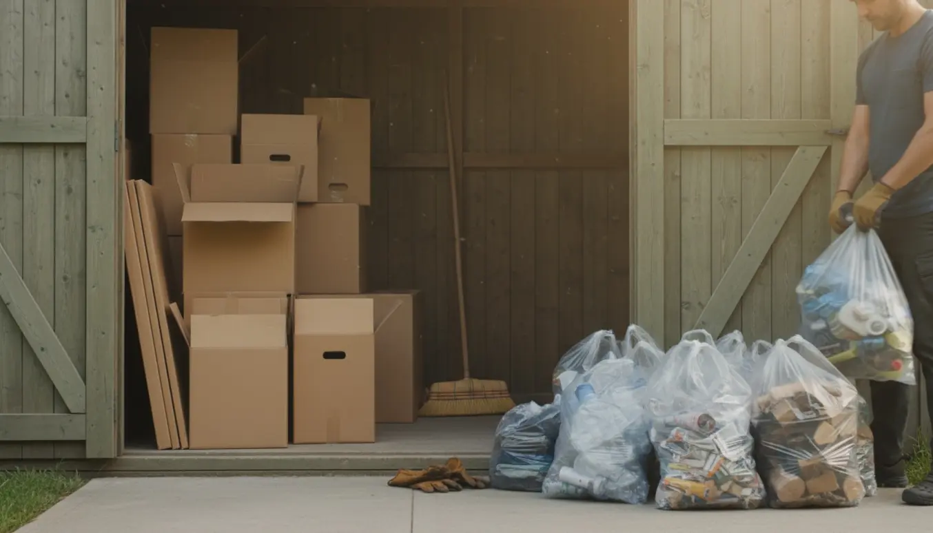 Overskueligt oprydningsscen i et skur med stablede flyttekasser og klare affaldssække med sorteret affald.