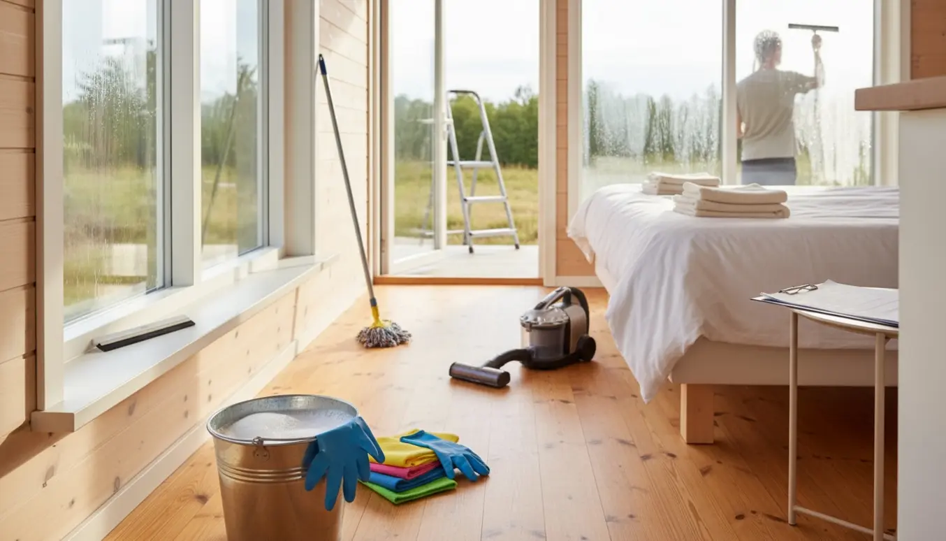 Lyst sommerhus under hovedrengøring med pudsede vinduer og rengøringsudstyr i forgrunden.