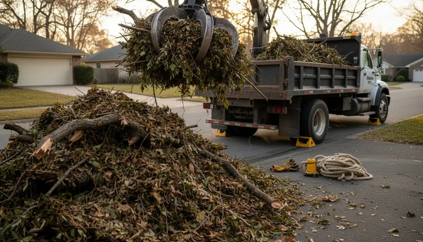 Stor bunke haveaffald med grene og blade læsses med en hydraulisk grab op i en lastbil ved fortovet.