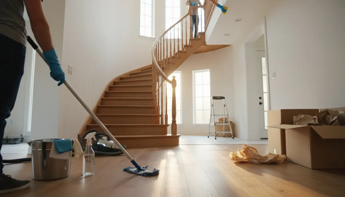 Indvendigt treplans hus under hovedrengøring efter overtagelse med moppe, støvsuger og rengøringsudstyr.