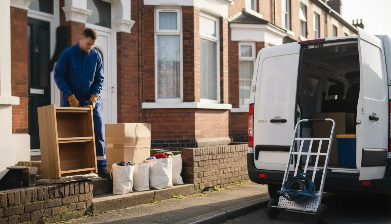 Umarkeret varevogn ved et rækkehus, hvor en reol, papkasser, tøj og poser står klar til afhentning.