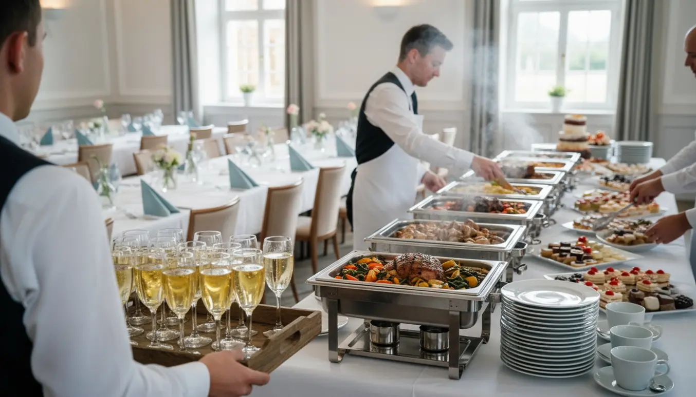 Serveringspersonale bærer velkomstdrinks og dækker buffet i et lyst konfirmationslokale.